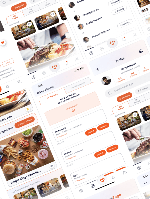 The FavePage app showing a feed of friends’ favorite recommendations